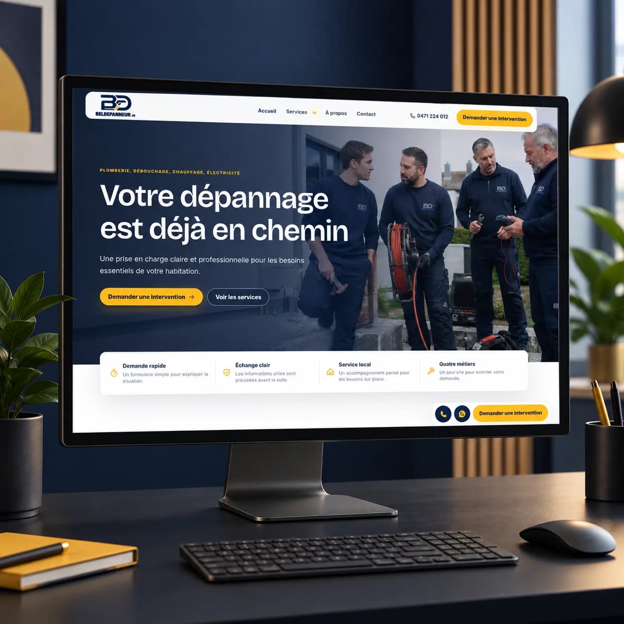 Bel Dépanneur service website displayed on a desktop monitor mockup.