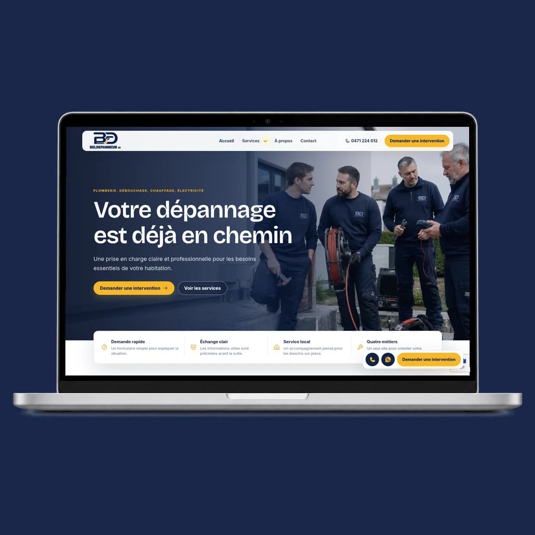 Bel Dépanneur homepage displayed in a laptop mockup.
