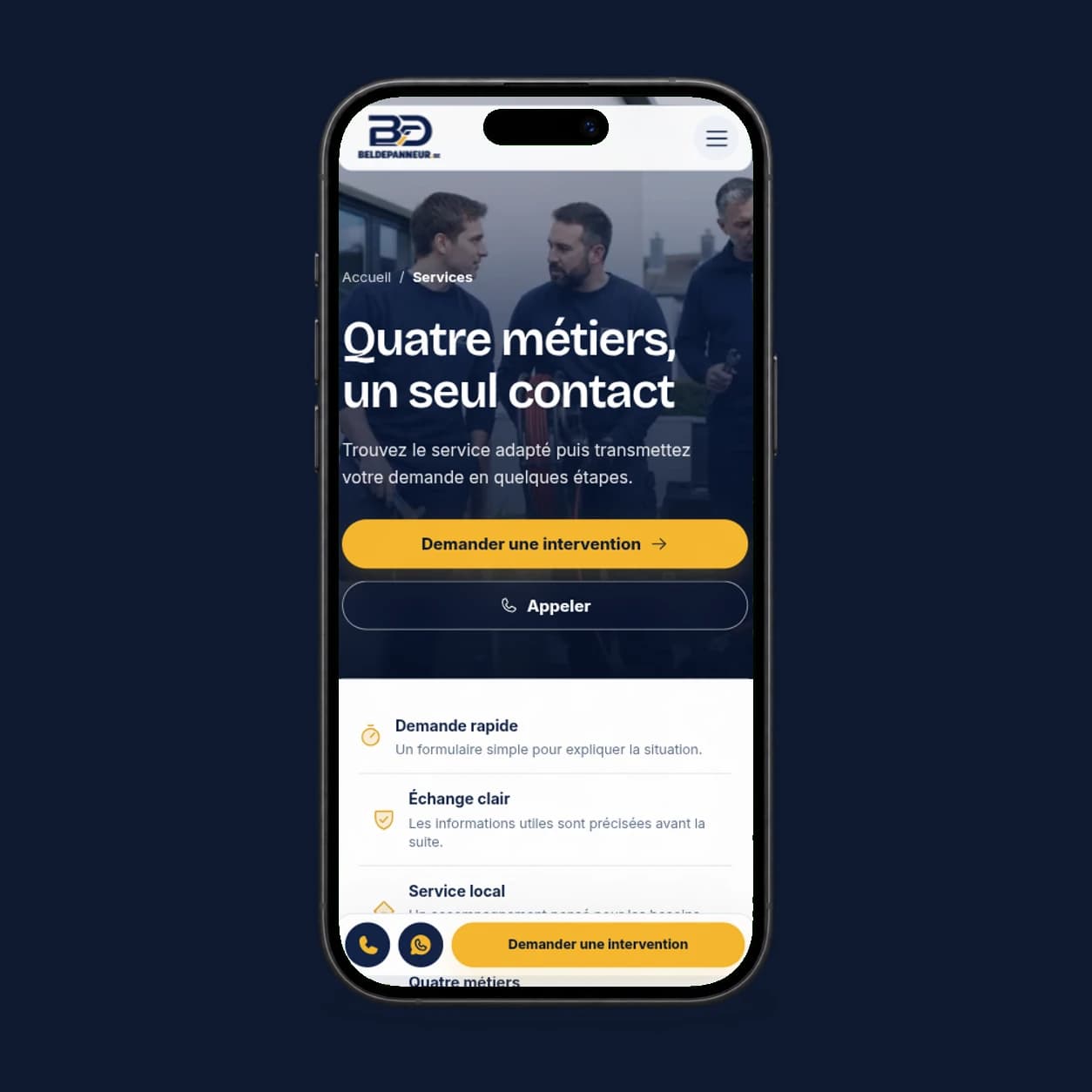 Bel Dépanneur website screenshot displayed in a phone on a dark blue background.