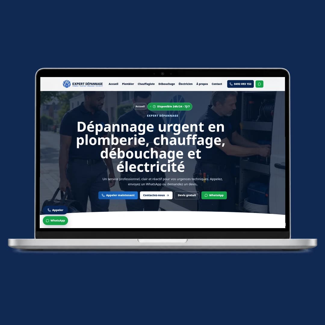Page d’accueil d’Expert Dépannage présentée dans une maquette d’ordinateur portable.