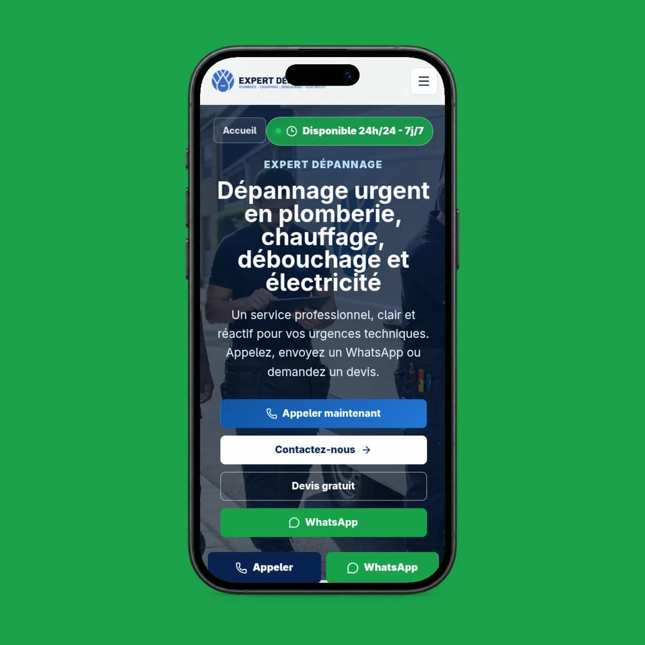 Expert depannage website screenshot displayed in a phone.