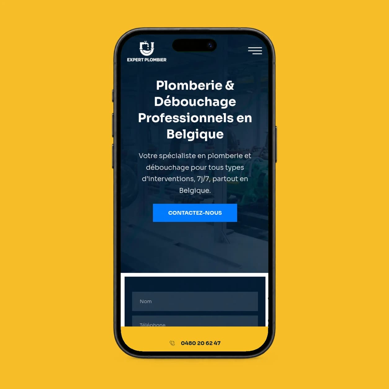 Expert plombier website screenshot displayed in a phone.