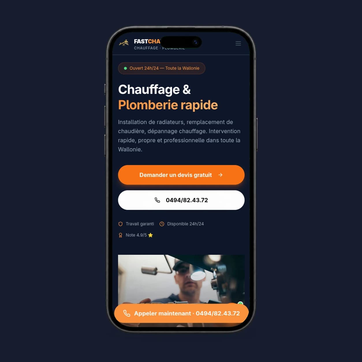 Capture du site Fast Chauffage dans un téléphone.