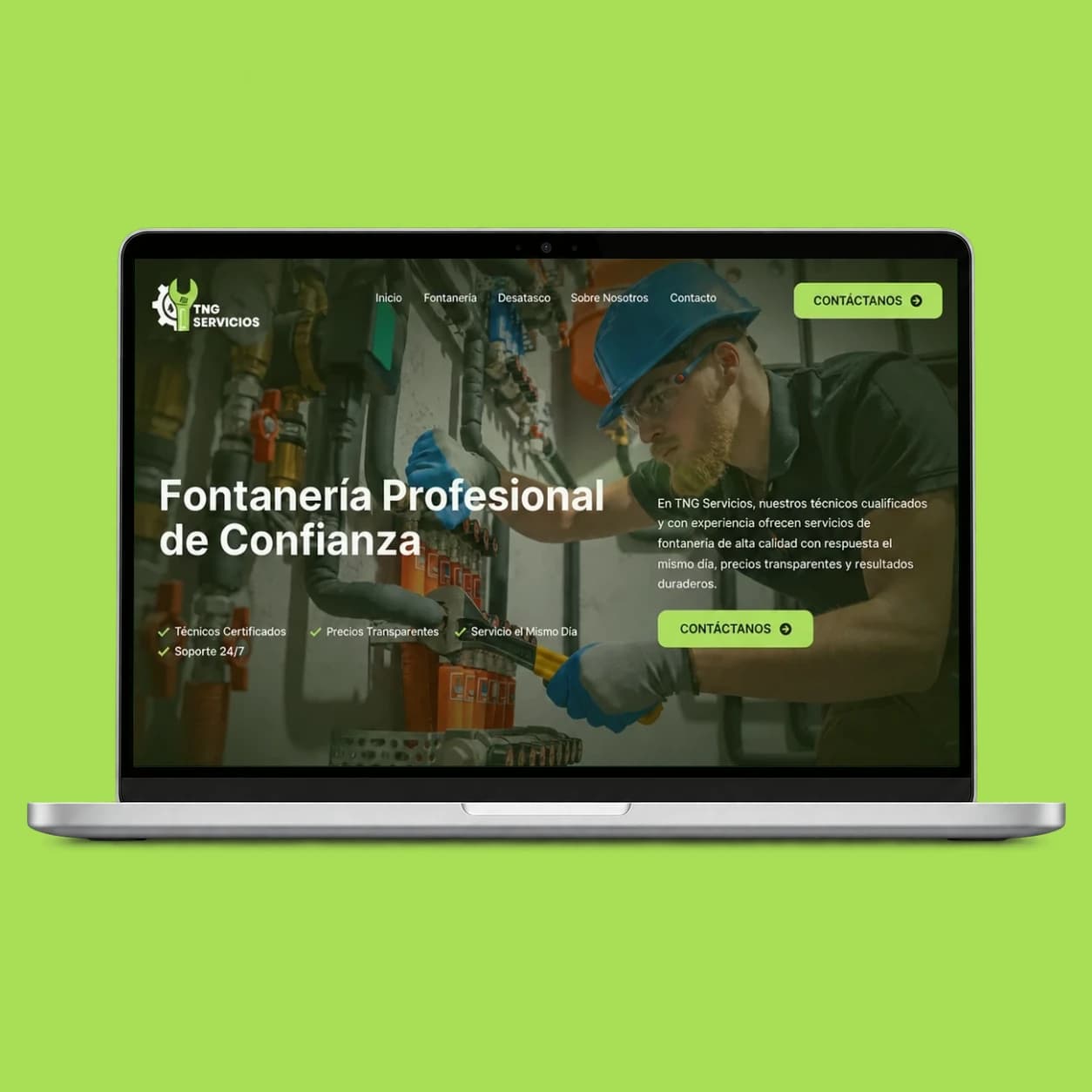 TNG Servicios plumbing website displayed in a laptop on a green background.