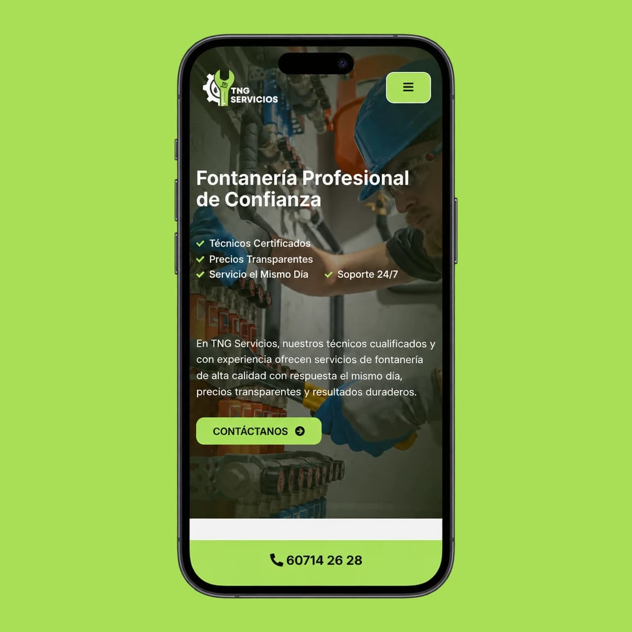 TNG Servicios plumbing website displayed in a phone on a green background.
