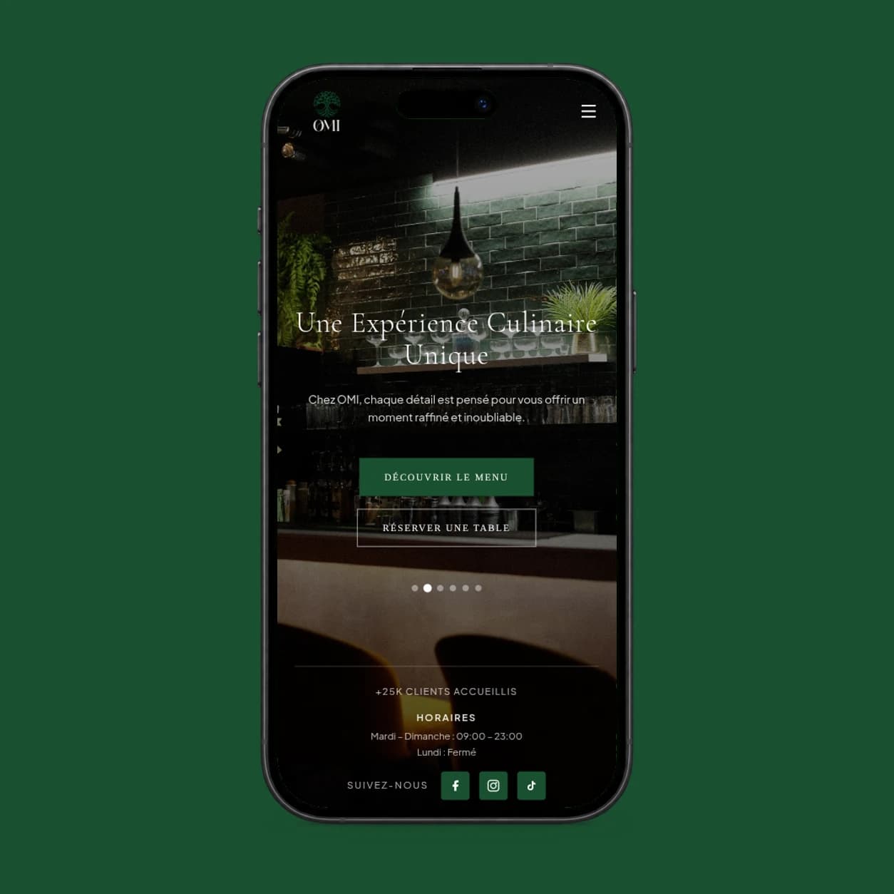 OMI restaurant website screenshot in a phone on a green background.