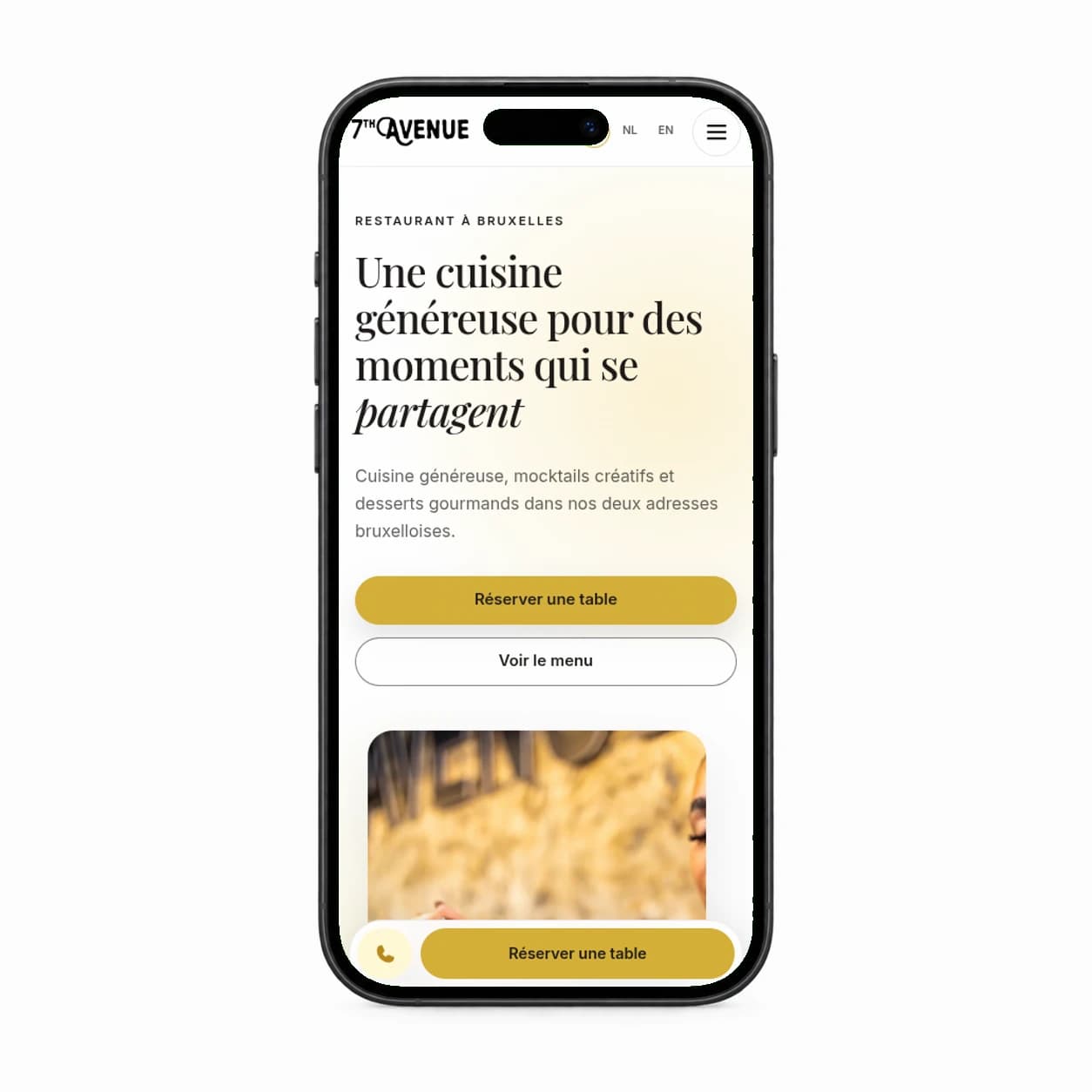 7th Avenue restaurant website screenshot in a phone on a white background.