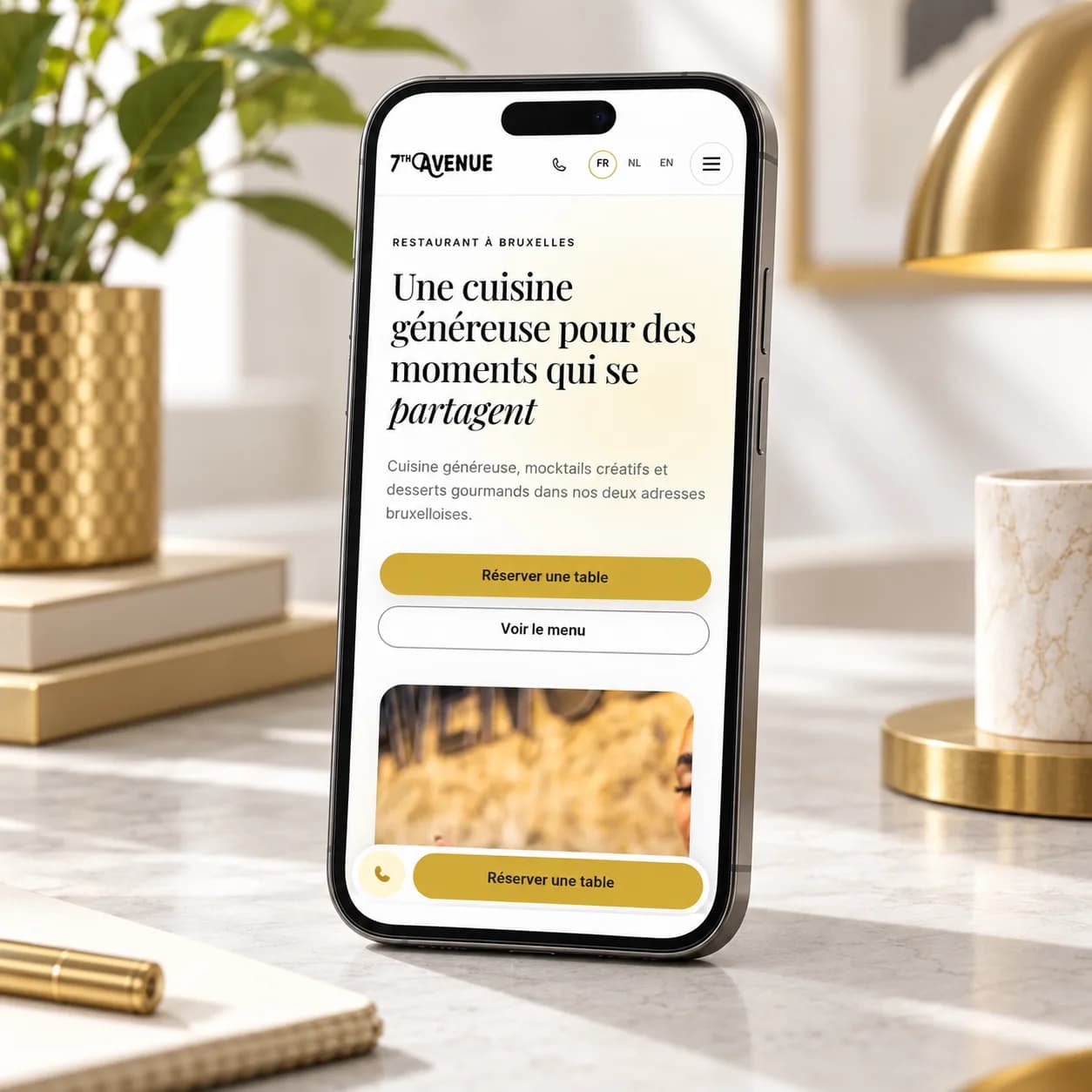 7th Avenue restaurant website displayed on a mobile phone mockup.