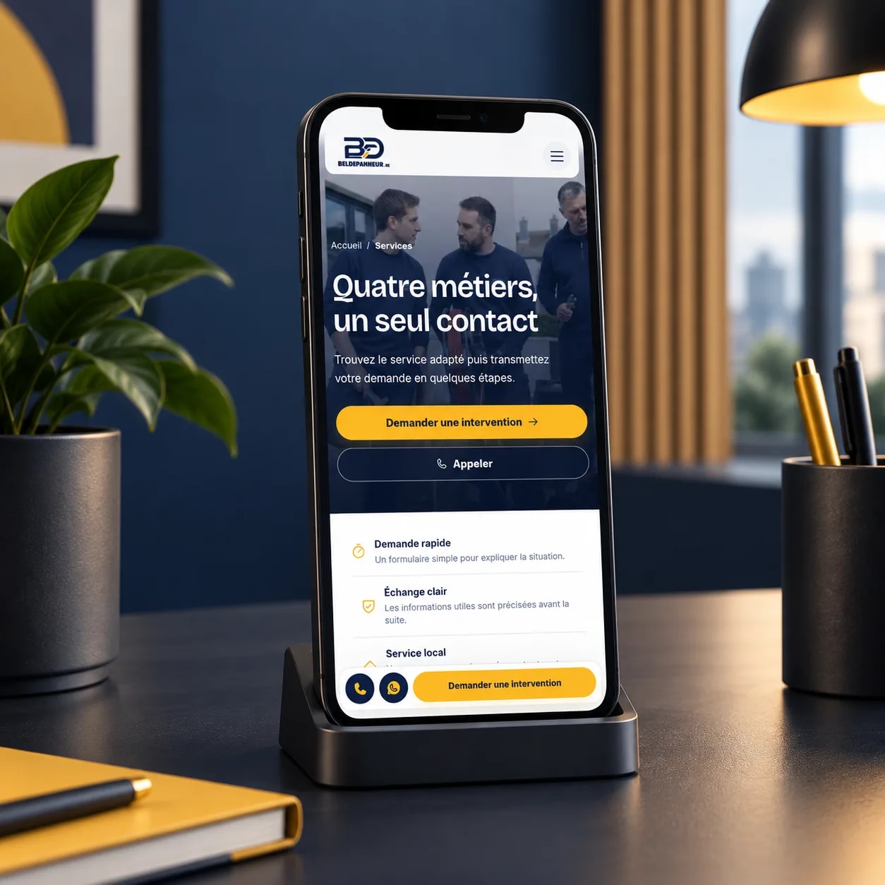 Bel Dépanneur service website displayed on a mobile phone mockup.