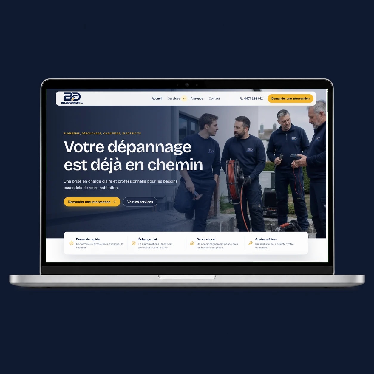 Bel Dépanneur website screenshot displayed in a laptop on a dark blue background.