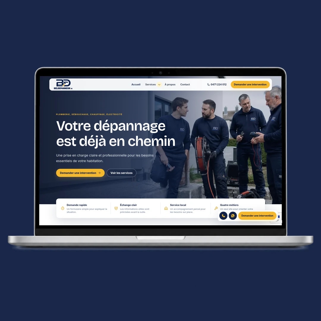 Bel Dépanneur homepage displayed in a laptop mockup.