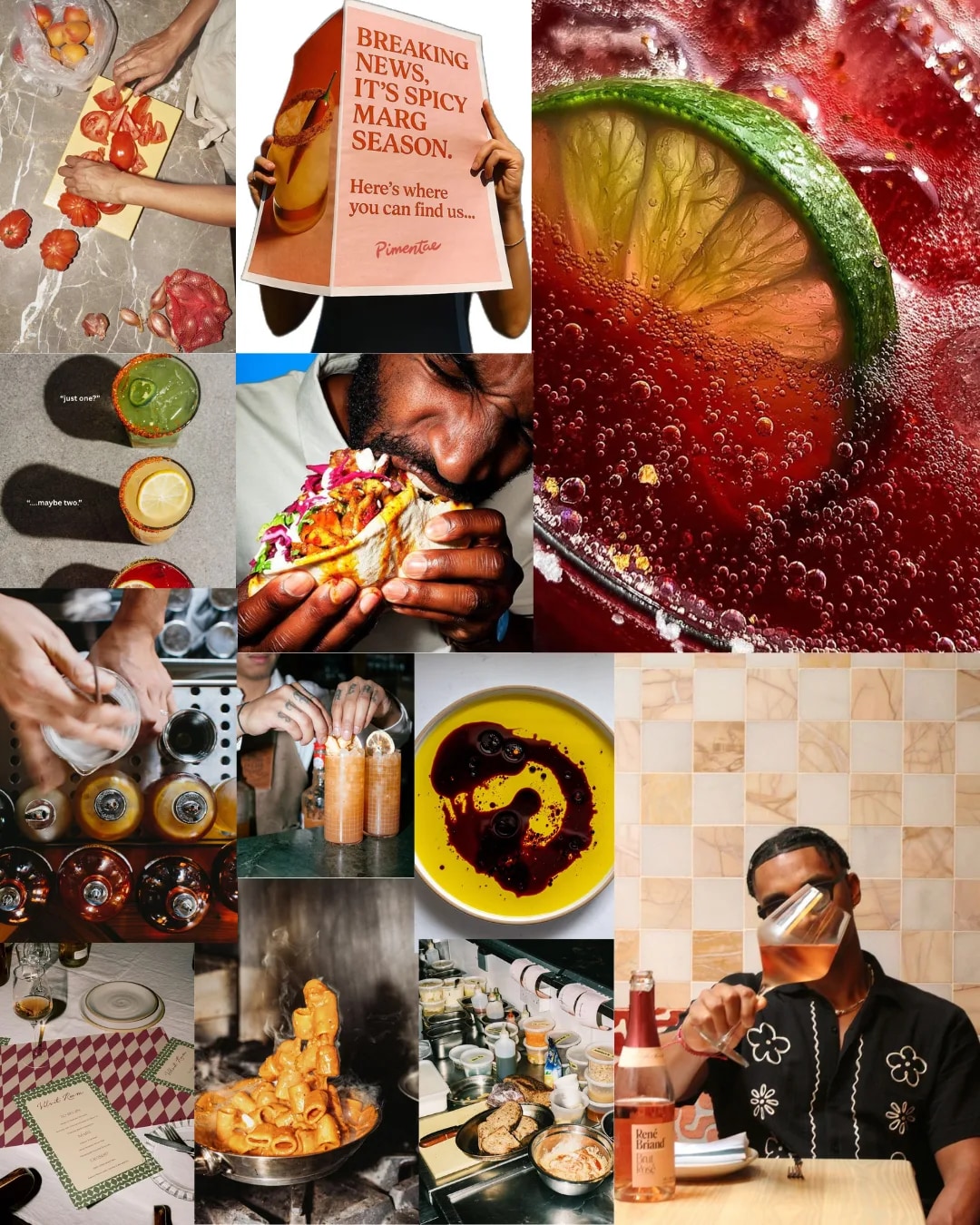 Creative direction moodboard combining food photography, hospitality scenes, colour, and typography.