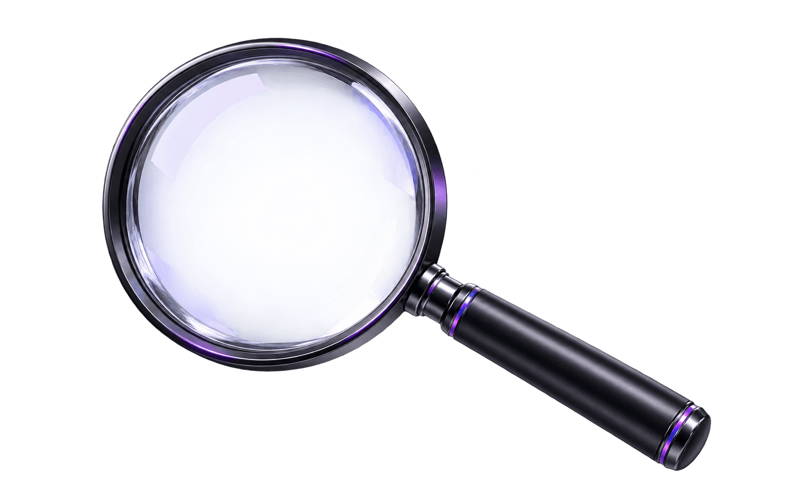 Black magnifying glass with purple accents representing search engine optimisation.