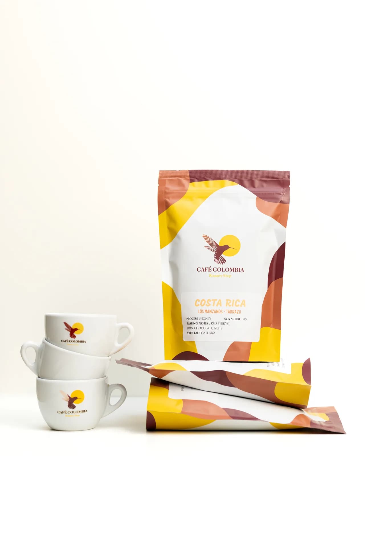 Café Colombia packaging still life.
