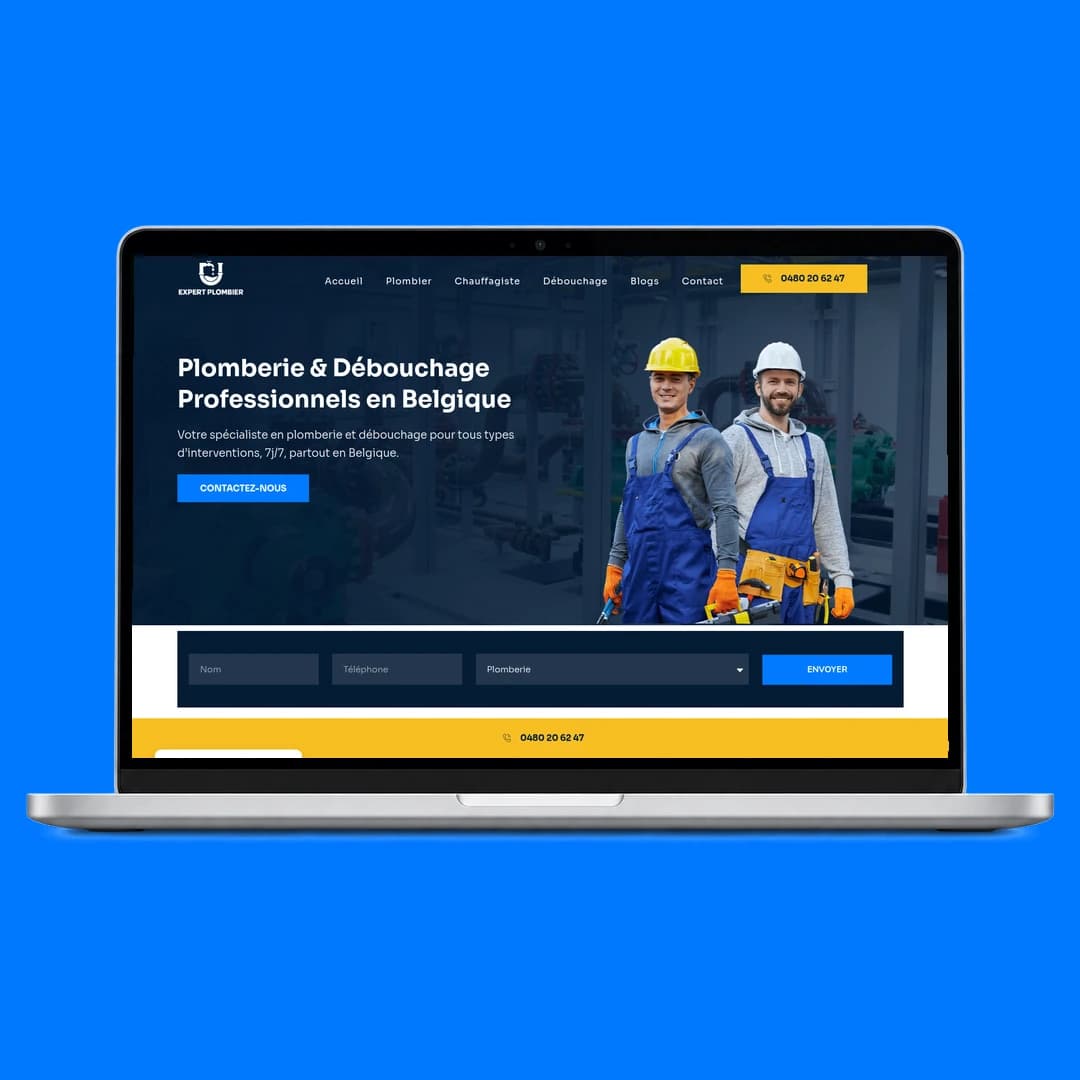 Expert Plombier homepage displayed in a laptop mockup.