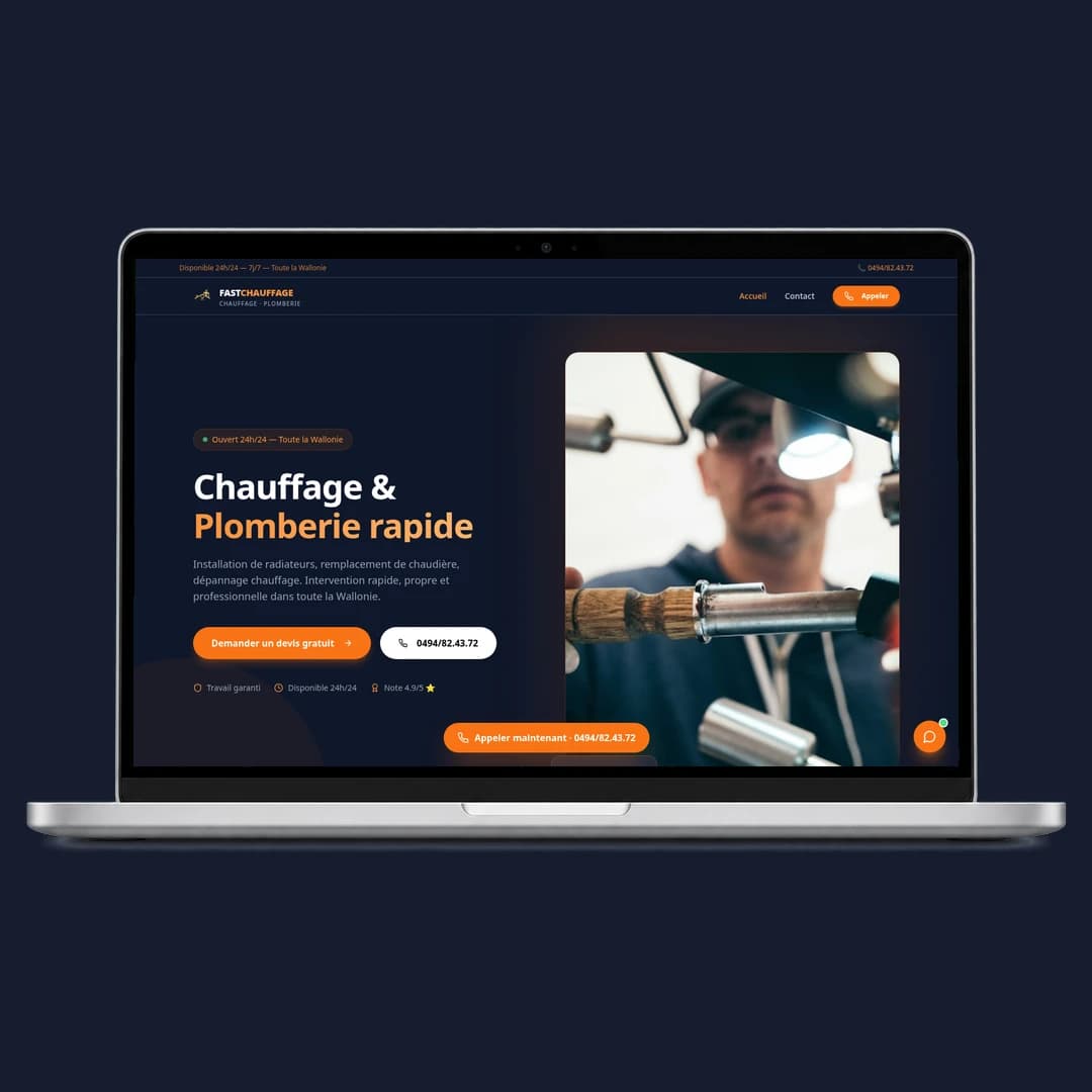 Fast Chauffage homepage displayed in a laptop mockup.