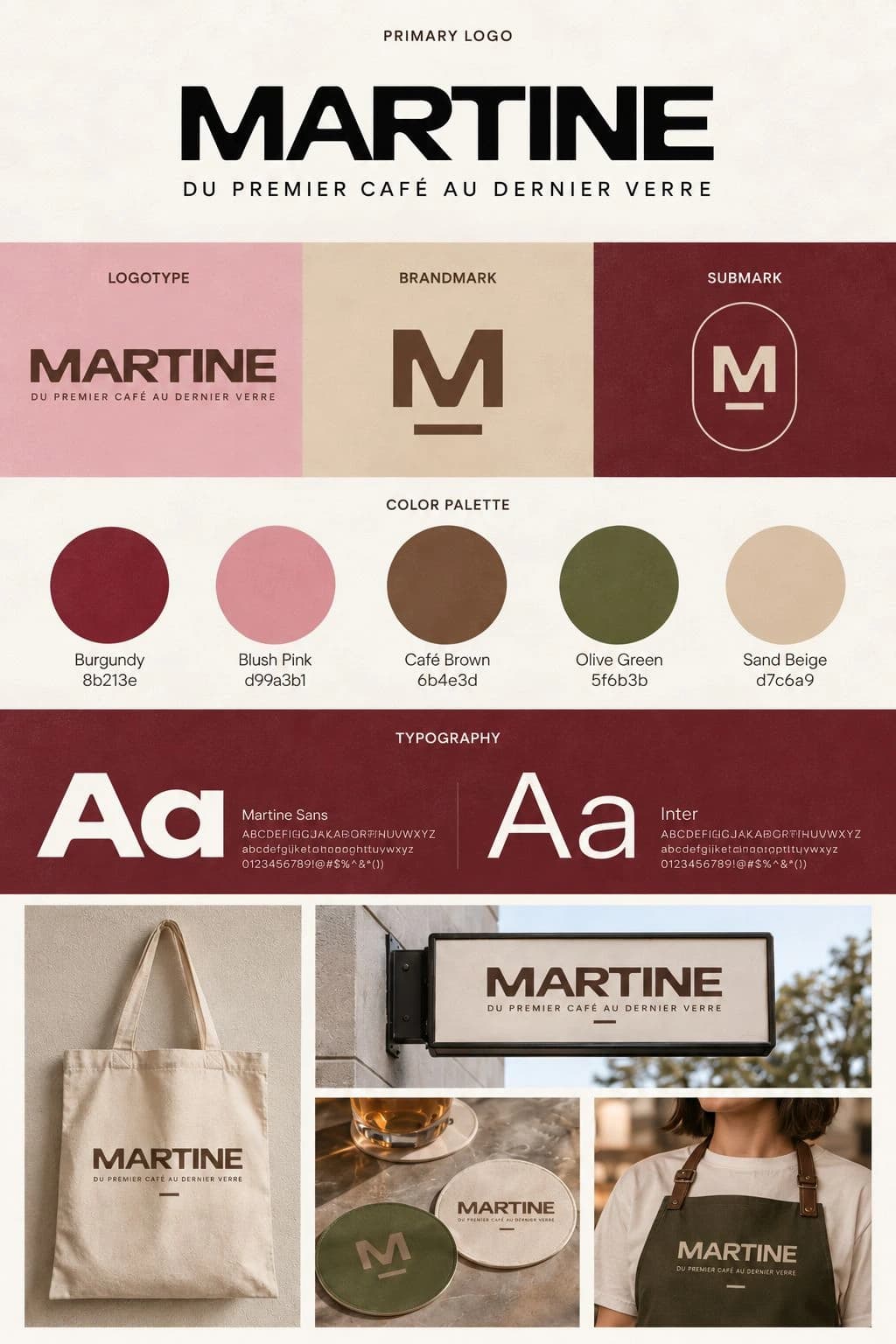 Planche d’identité Martine présentant les logos, les couleurs, la typographie et les applications de marque.