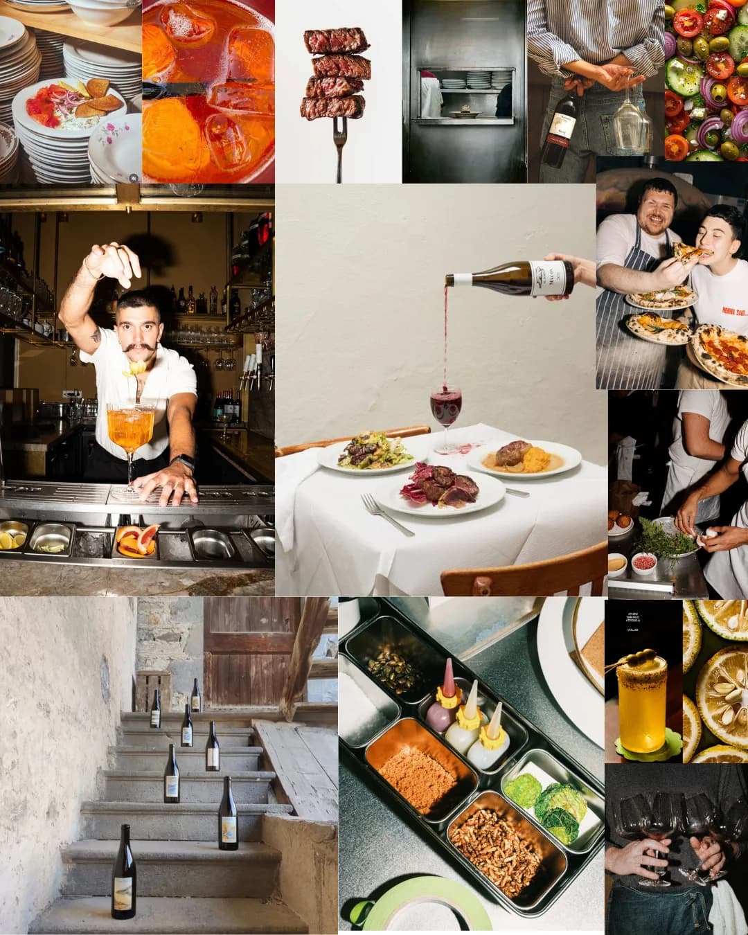 Brand moodboard combining campaign photography, restaurant imagery, colour, and editorial references.